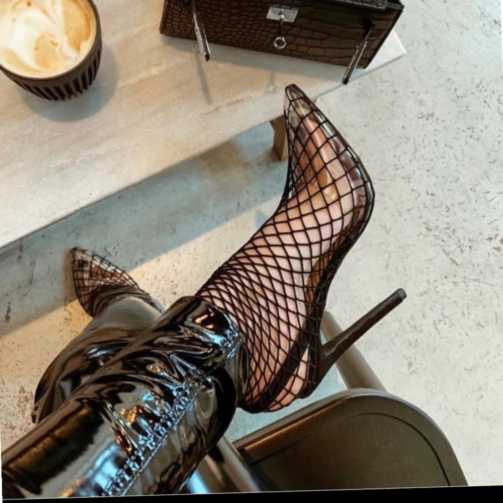 Last 7.5❗Black Clear Pointy  Toeishnet Heel Sexy - Picture 7 of 8